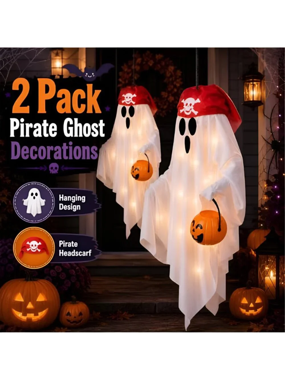 2 Pack Hanging Pirate Ghost Decorations with Lights for Halloween